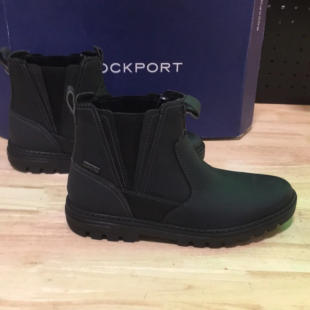 New WB Mens Rockport Black Chelsea‎ Boots - Slip-On Comfort Waterproof